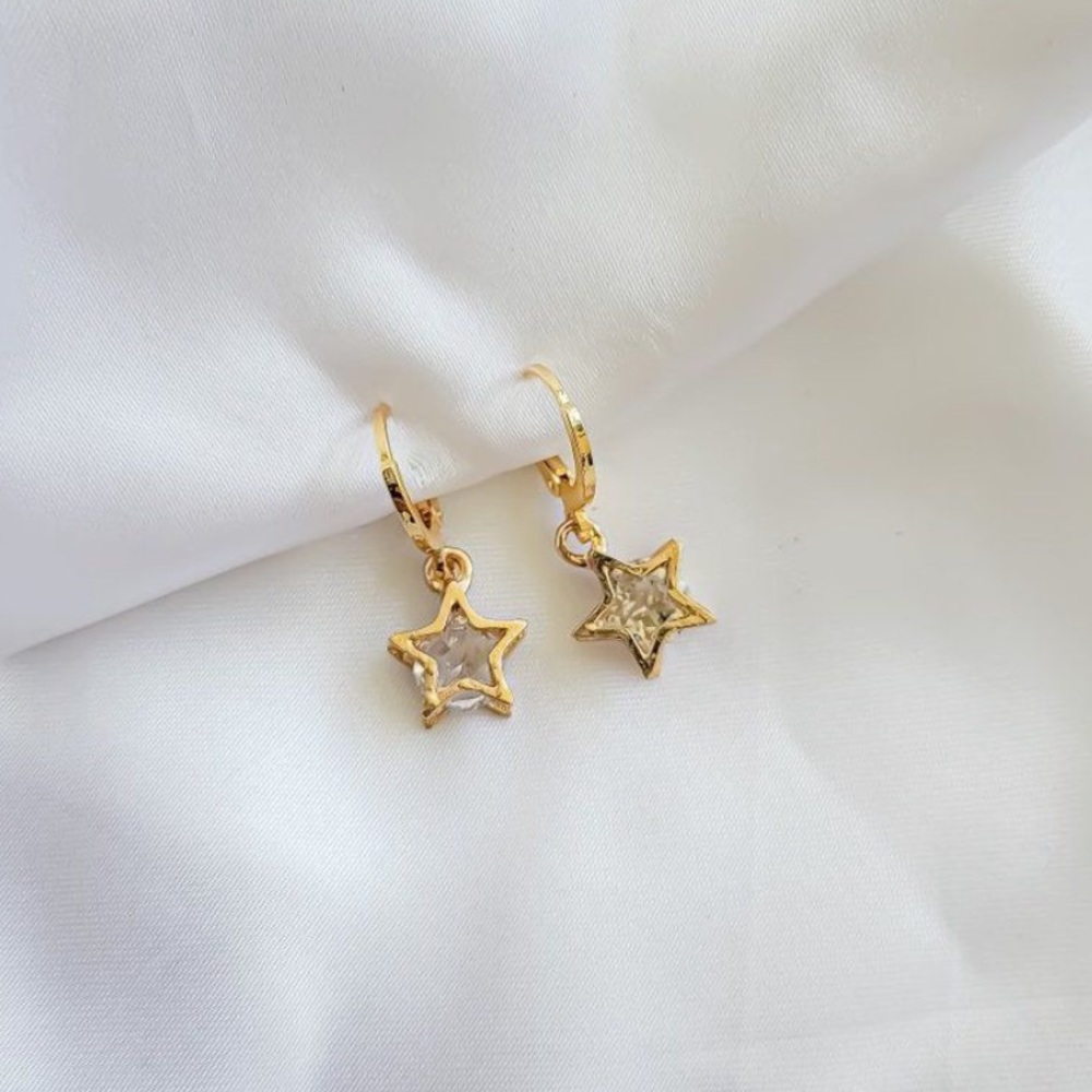 🌸3/$25 🆕 Gold Star Charm Huggie Hoop Earrings, Crystal Star Dangle Earrings - Picture 2 of 10